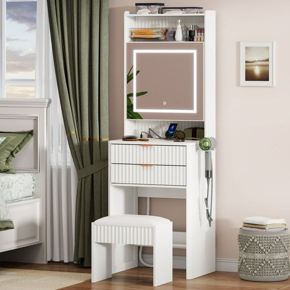 Satifur Vanity Set with Mirror & Lights, Dressing Desk with Stool, Drawers & Charging Station, Women Makeup Vanity with Shelves, White
