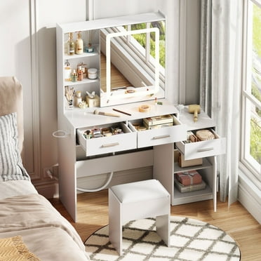 Satifur Vanity Set with Sliding Mirror & Lights, Women Lighted Makeup Desk with Stool, Dressing Table with Outlets & Storage Drawers