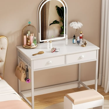Satifur Vanity Desk Without Mirror, 36" Makeup Vanity with Drawers & Hooks for Bedroom, Simple Home Office Computer Desk for Small Spaces, White