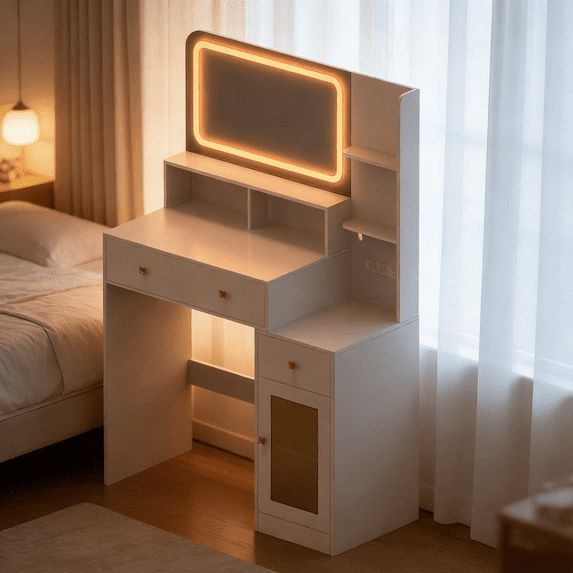 Satifur White Makeup Vanity with LED Mirror, 3 Color Lights, 2 AC + USB + Type-C, 3 Shelves, 2 Drawers & Acrylic Cabinet – Modern Vanity Desk for Bedroom