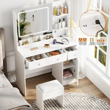 Satifur White Vanity Desk Set with Mirror and Lights, Makeup Table with Charging Station, Comfortable Bench, Big Vanity with 3 Storage Compartments, 39.4in
