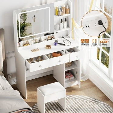 Satifur White Vanity Desk Set with Mirror and Lights, Makeup Table with Charging Station, Comfortable Bench, Big Vanity with 3 Storage Compartments, 39.4in