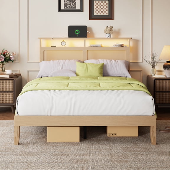 Satifur Full Bed Frame with Rattan Storage Headboard, Smart RGB LED Lights and Charging Station, Heavy Duty Platform Bed with Under-Bed Storage Space, Noise-Free, Natural