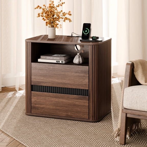 Satifur Wooden Nightstand with Charging Station, 2 Drawers Bedside Table, Storage End Table for Bedroom Living Room, Walnut