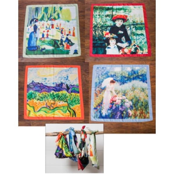 Satin Art Print Scarf, Assorted Color - 4 Piece