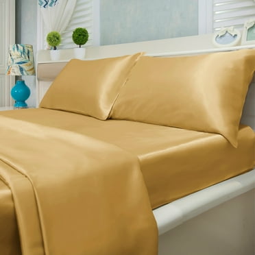 Satin Bed Sheet Set Ultra Soft 4-Piece (Gold, Queen)