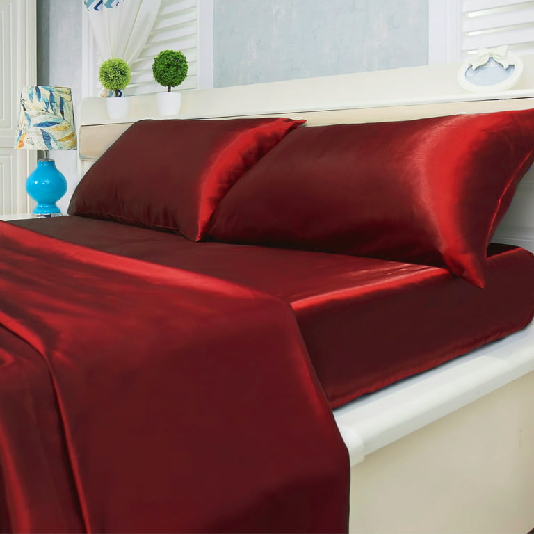 Satin Bed Sheet Set Ultra Soft 4-Piece (Red, Queen)