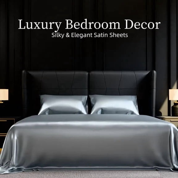 Satin Bed Sheets, Full Size Sheets Set, 4 Pcs Silky Bedding Set with 15 Inches Deep Pocket for Mattress (Full, Grey)