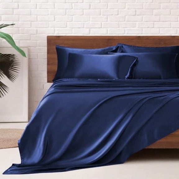 Satin Bed Sheets King Size Sheets Set 6 Pcs Silky Bedding Set with 15 Inches Deep Pocket for Mattr King Navy Blue