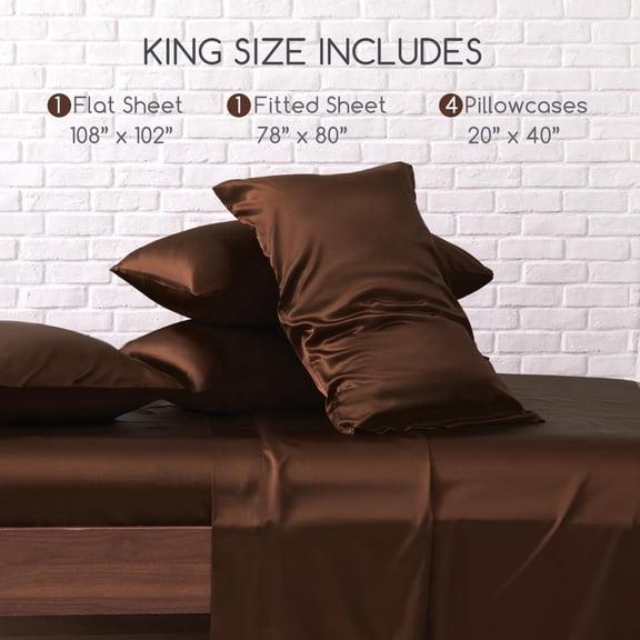Satin Bed Sheets, King Size Sheets Set, 6 Pcs Silky Bedding Set with 15 Inches Deep Pocket for Mattress (King, Brown)
