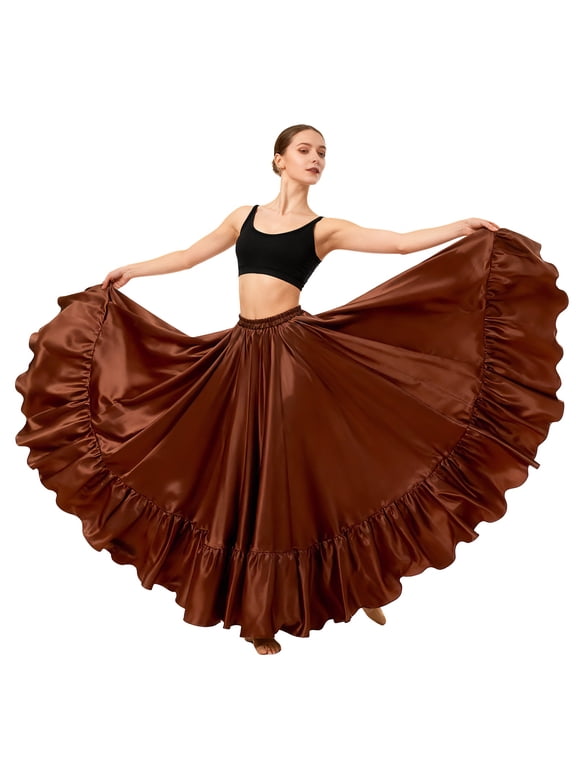 Satin Belly Dance Skirt for Women Maxi Dress Circle Skirt Elastic Waist Stage Performance Holiday Party