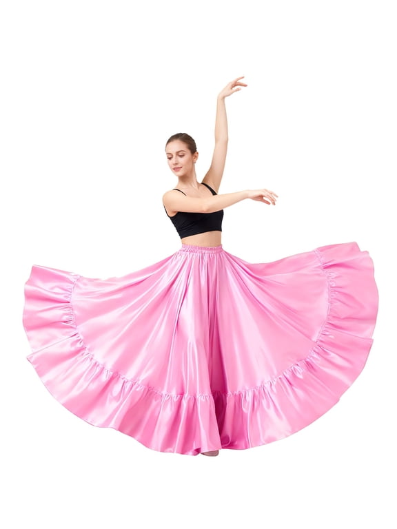 Satin Belly Dance Skirt for Women Maxi Dress Circle Skirt Elastic Waist Stage Performance Holiday Party