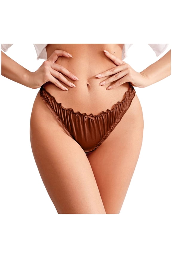 Satin Bikini Panties for Women Frill Trim Ruched G-String Thong Low Rise Smooth Briefs Underwear