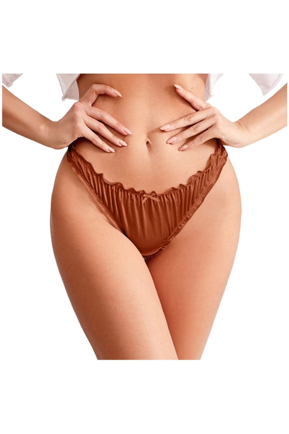 Satin Bikini Panties for Women Frill Trim Ruched G-String Thong Low Rise Smooth Briefs Underwear