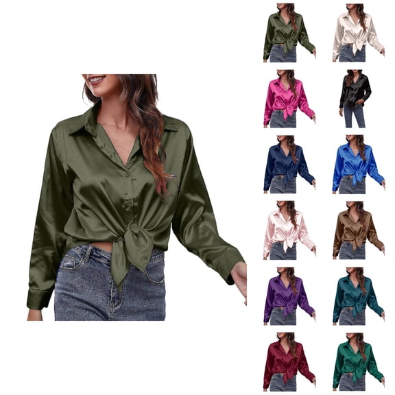 Satin Blouse Long Sleeve Silky Office Button-Down Blouse Travel Friendly -Free Satin Shirt for Work and Daily Wear