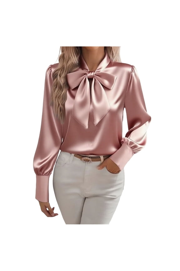Satin Blouse for Women Bow Tie Neck Ladies Shirts Elegant Vintage Long Sleeve Shirts Ladies Going Out Casual Smart Business Work Office Tops Casual Loose Solid Color Top