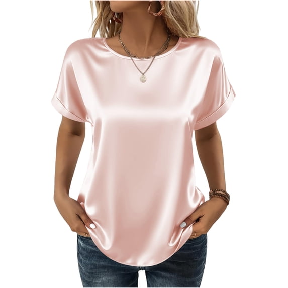 Satin Blouse for Women Business Casual Outfit Short Sleeve Tops Crewneck Solid Color Tshirt Silk Shirt Summer Clothes Light pink XL