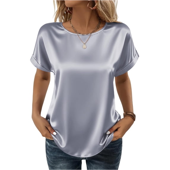 Satin Blouse for Women Business Casual Outfit Short Sleeve Tops Crewneck Tshirt Silk Shirt Summer Clothes Gray XL