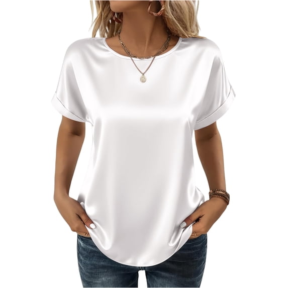 Satin Blouse for Women Business Casual Outfit Short Sleeve Tops Crewneck Tshirt Silk Shirt Summer Clothes White S