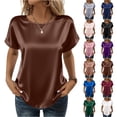 thumbnail image 1 of Satin Blouse for Women Business Casual Short Sleeve Tops Crewneck Silk Summer Shirt Coffee L, 1 of 6