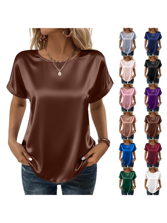 Satin Blouse for Women Business Casual Short Sleeve Tops Crewneck Silk Summer Shirt Light pink L
