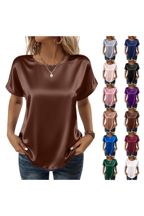 Satin Blouse for Women Business Casual Short Sleeve Tops Crewneck Silk Summer Shirt Light pink M
