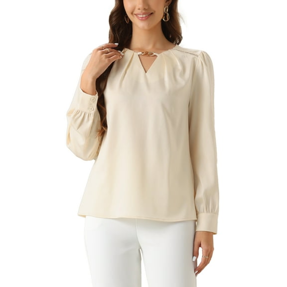 Satin Blouse for Women's Crew Neck Puff Long Sleeve Pleated Blouses Top S Champagne