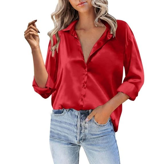 Satin Blouses for Women! Comdrip Women Satin Button Down Shirt Casual Long Sleeve V Neck Blouse Loose Business Work Tunic Tops Silk Button Down Shirts for Women Red L