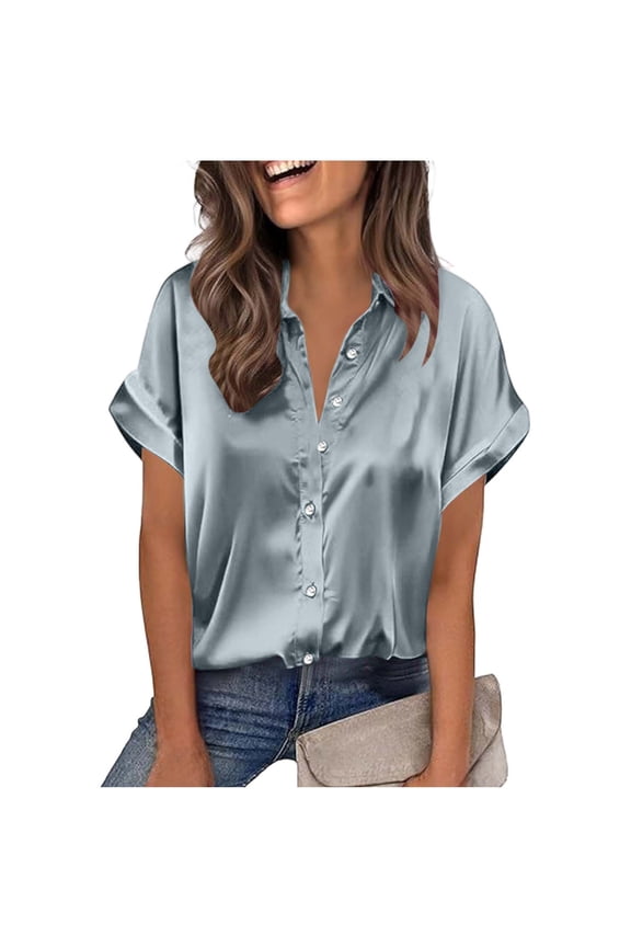 Satin Blouses for Women Dressy Casual T-Shirt Button Down Short Sleeve Silky Shirts Slim Fit Elegant Blouse Tops Business Going Out Tops for Office 2026 Spring Summer Travel Outfit|Gray|M