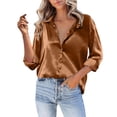 thumbnail image 1 of Satin Blouses for Women, Yigetop Women Satin Button Down Shirt Casual Long Sleeve V Neck Blouse Loose Business Work Tunic Tops Satin Shirts for Women Brown XL, 1 of 5