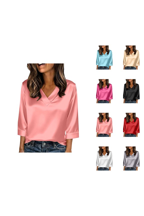 Satin Blouses for Women 3/4 Sleeve V Neck Tailored Fit Dressy Casual Silk Shirt Spring Summer Tops