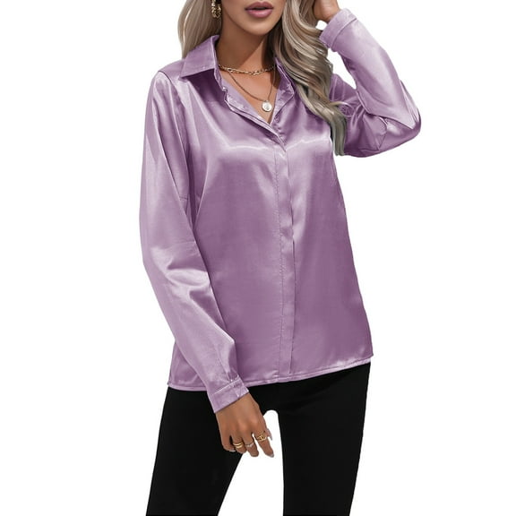 Satin Blouses for Women Casual Long Sleeve Button Down Shirts Dressy Business Work Tunic Top Purple L