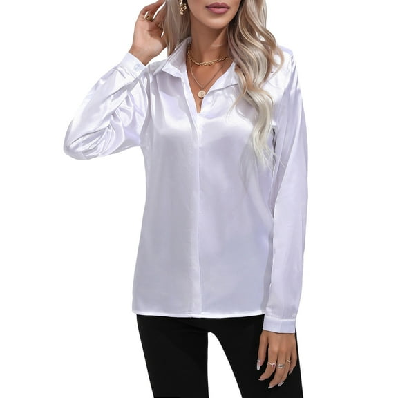 Satin Blouses for Women Casual Long Sleeve Button Down Shirts Dressy Business Work Tunic Top White L