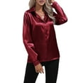 thumbnail image 1 of Satin Blouses for Women Casual Long Sleeve Button Down Shirts Dressy Business Work Tunic Top Wine Red XL, 1 of 9