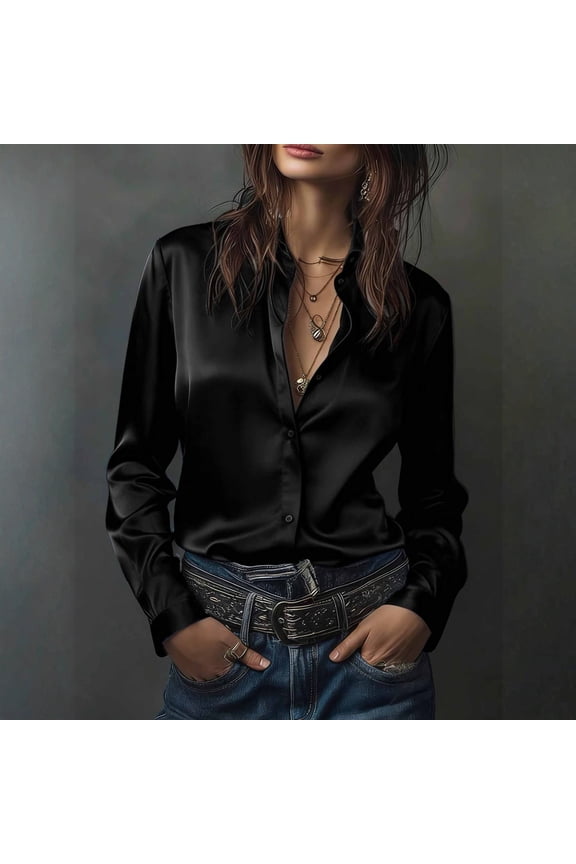 Satin Blouses for Women Casual Long Sleeve Button Down Silk Shirts Dressy Business Work Tunic Top Black S