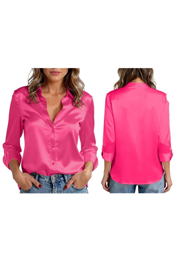 Satin Blouses for Women Casual Long Sleeve Button Down Silk Shirts Dressy Business Work Tunic Top Hot Pink 2XL