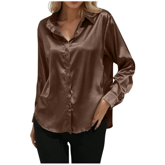 Satin Blouses for Women Casual Long Sleeve Button Down Silk Shirts Dressy Business Work Tunic Top
