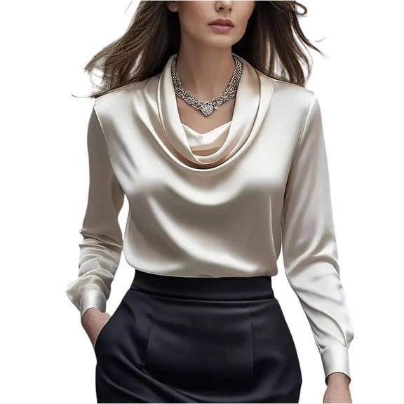 Satin Blouses for Women Dressy Business Casual Tops Elegant Cowl Neck Long Sleeve Work Shirt Beige M