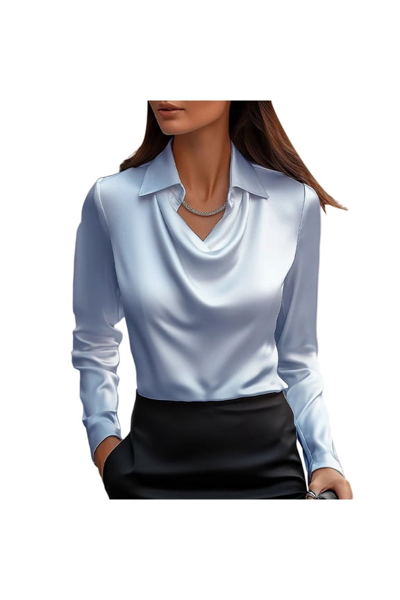 Satin Blouses for Women Dressy Business Casual Tops Elegant Cowl Neck Long Sleeve Work Shirt Blue L