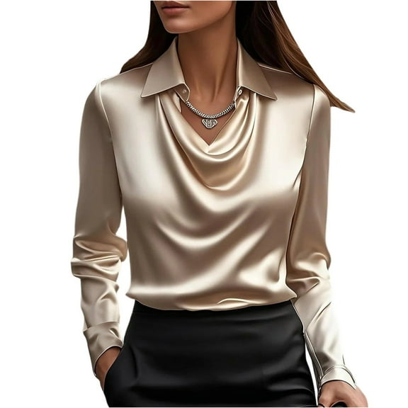 Satin Blouses for Women Dressy Business Casual Tops Elegant Cowl Neck Long Sleeve Work Shirt Champagne 2XL