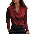 thumbnail image 1 of Satin Blouses for Women Dressy Business Casual Tops Elegant Cowl Neck Long Sleeve Work Shirt Red XL, 1 of 5