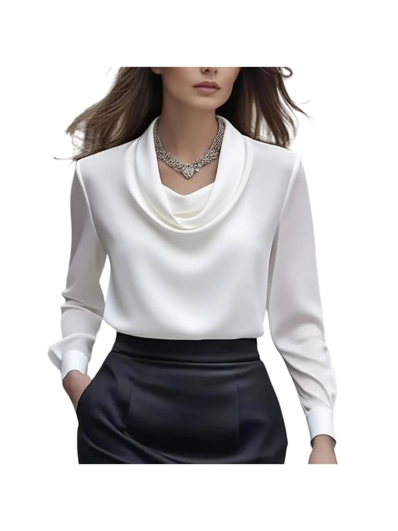 Satin Blouses for Women Dressy Business Casual Tops Elegant Cowl Neck Long Sleeve Work Shirt White L