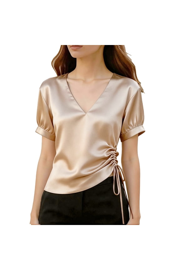 Satin Blouses for Women Dressy Casual Silk V Neck Short Sleeve Pleated Drawstring Shirts Business Work Tops Office Work Wear, Beige L