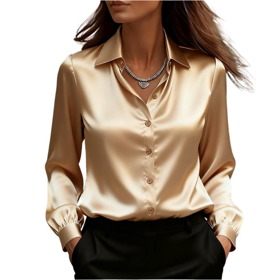Satin Blouses for Women Dressy Formal Button Down Long Sleeve Shirts Trendy Lapel Collared Silk Blouse Teacher Tops Champagne 2XL