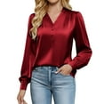 thumbnail image 1 of Satin Blouses for Women Dressy V Neck Button Up Shirt Long Sleeve Pleated Top Solid Color Silk Blouses Trendy Work Clothes, 1 of 8