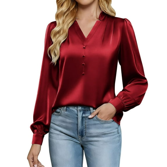 Satin Blouses for Women Dressy V Neck Button Up Shirt Long Sleeve Pleated Top Solid Color Silk Blouses Trendy Work Clothes