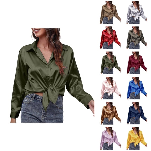 Satin Blouses for Women Long Sleeve Button Down Lapel Collar Silk Shirt Dressy Casual Tops Office Work Shirts