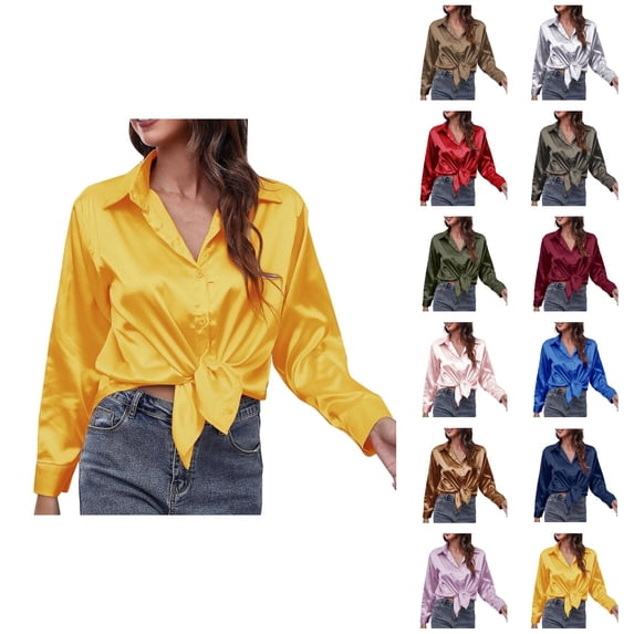 Satin Blouses for Women Long Sleeve Button Down Lapel Collar Silk Shirt Dressy Casual Tops Office Work Shirts