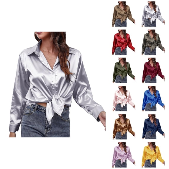 Satin Blouses for Women Long Sleeve Button Down Lapel Collar Silk Shirt Dressy Casual Tops Office Work Shirts