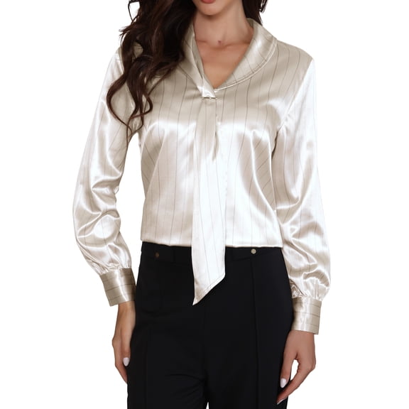 Satin Blouses for Women Long Sleeve Striped Tie Neck Office Shirt XS Apricot
